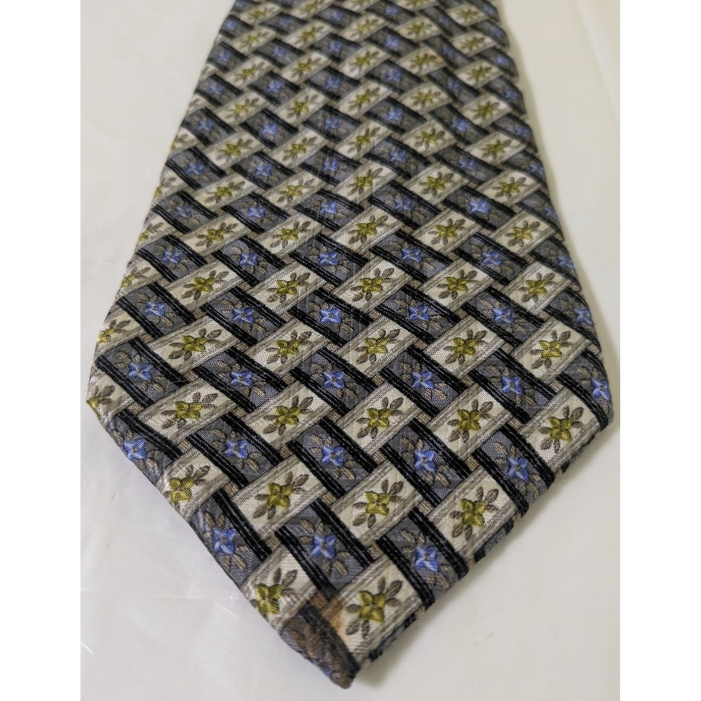 Kolte Silk Tie Geometric Basketweave Floral Green/Blue Handmade In Italy 58x3.75